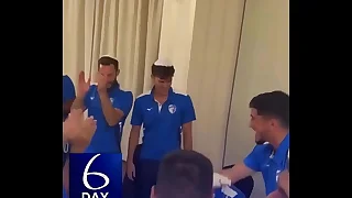 FOOTBALL (SOCCER) PLAYER GETS A CAKE IN HIS FACE
